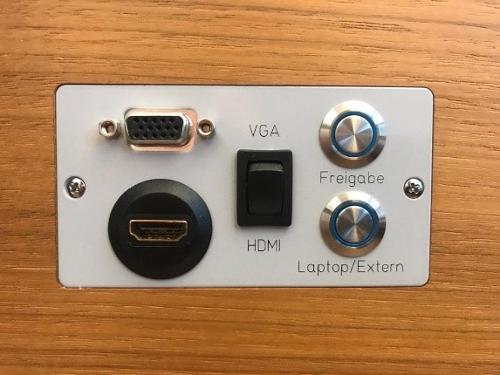 Anschlusspanel mit VGA-Buchse, HDMI-Buchse, Freigabe-Taste und Umschalttaste für den Monitor im Tisch