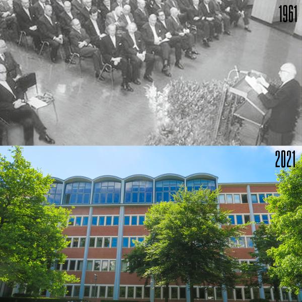 Collage aus zwei Fotos - Festrede zur Gründung des BPatG 1961 und Blick zum Gerichtsgebäude 2021